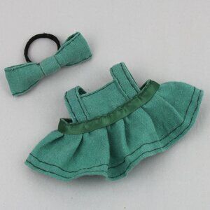 Handcrafted Labubu Green Cottagecore Dress with Matching Bow Outfit Clothes
